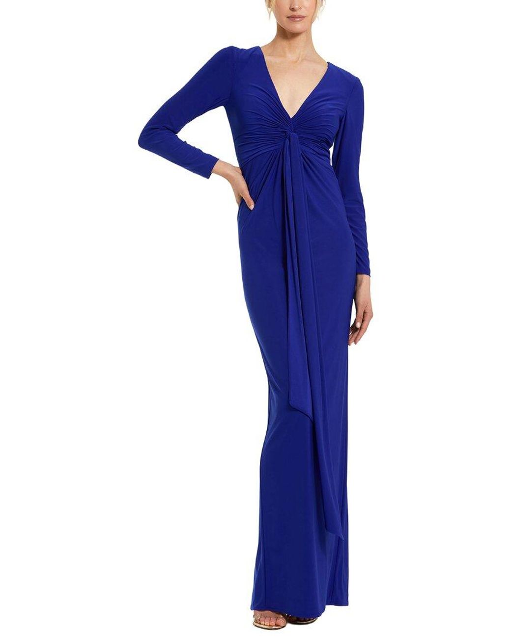 Mac Duggal Blue Long Sleeve Jersey V Neck Twist Knot Gown