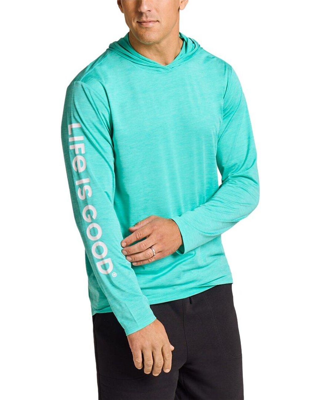 Life Is Good. Blue Hooded Sun Crusher T-Shirt for men