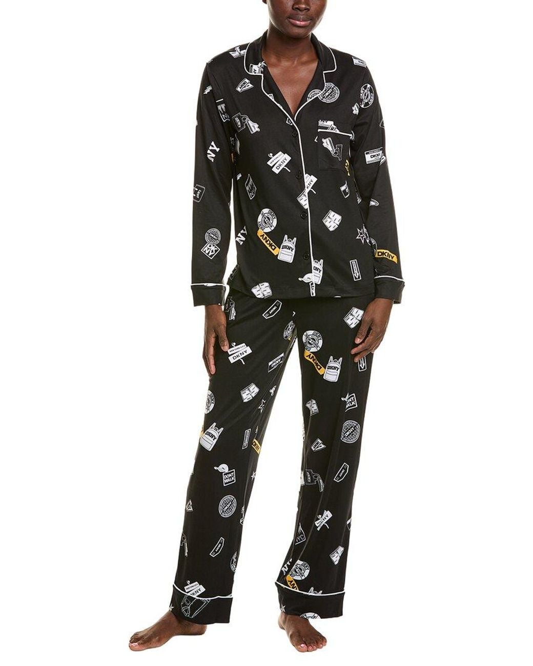 DKNY Black 2Pc Long Sleeve Notch Top & Pant Sleep Set