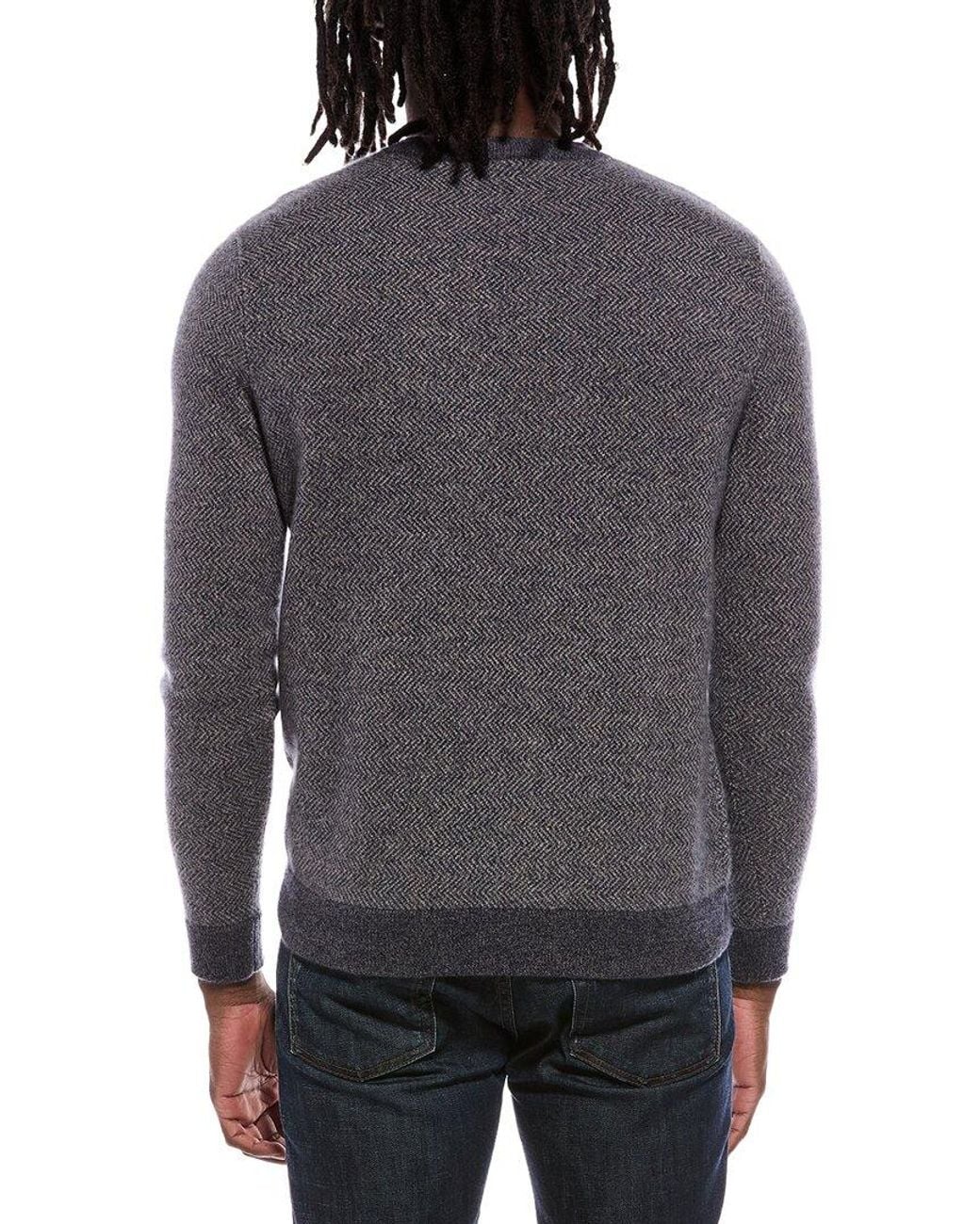 Autumn Cashmere Gray Herringbone Stitch 100% Cashmere Crewneck Sweater for men