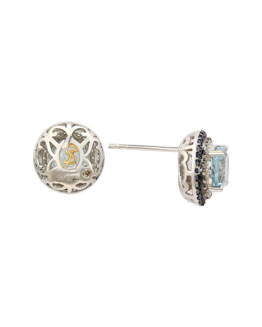 Suzy Levian Blue Silver 0.02 Ct. Tw. Diamond & Gemstone Double Halo Studs