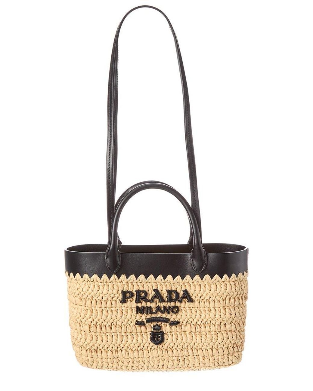 Prada Logo Mini Raffia & Leather Tote in White | Lyst