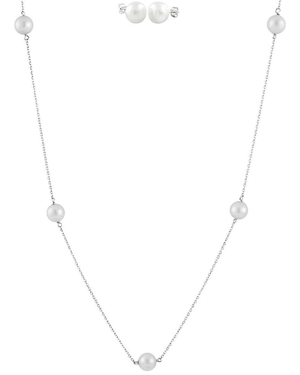 Splendid White Rhodium Plated Silver 7-8mm Freshwater Pearl Earrings & Necklace Set