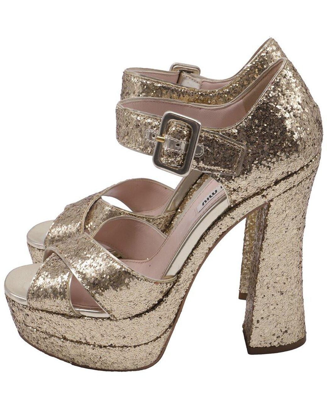 Miu Miu Natural Glitter Mary Jane Cross Strap Platform Sandal (Authentic Pre- Loved)