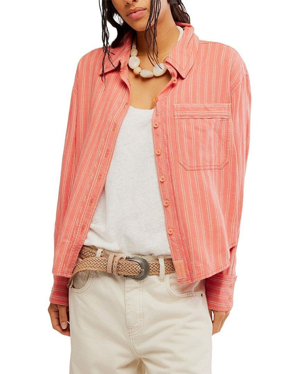 Free People Red Striped Linen-Blend Laurel Top