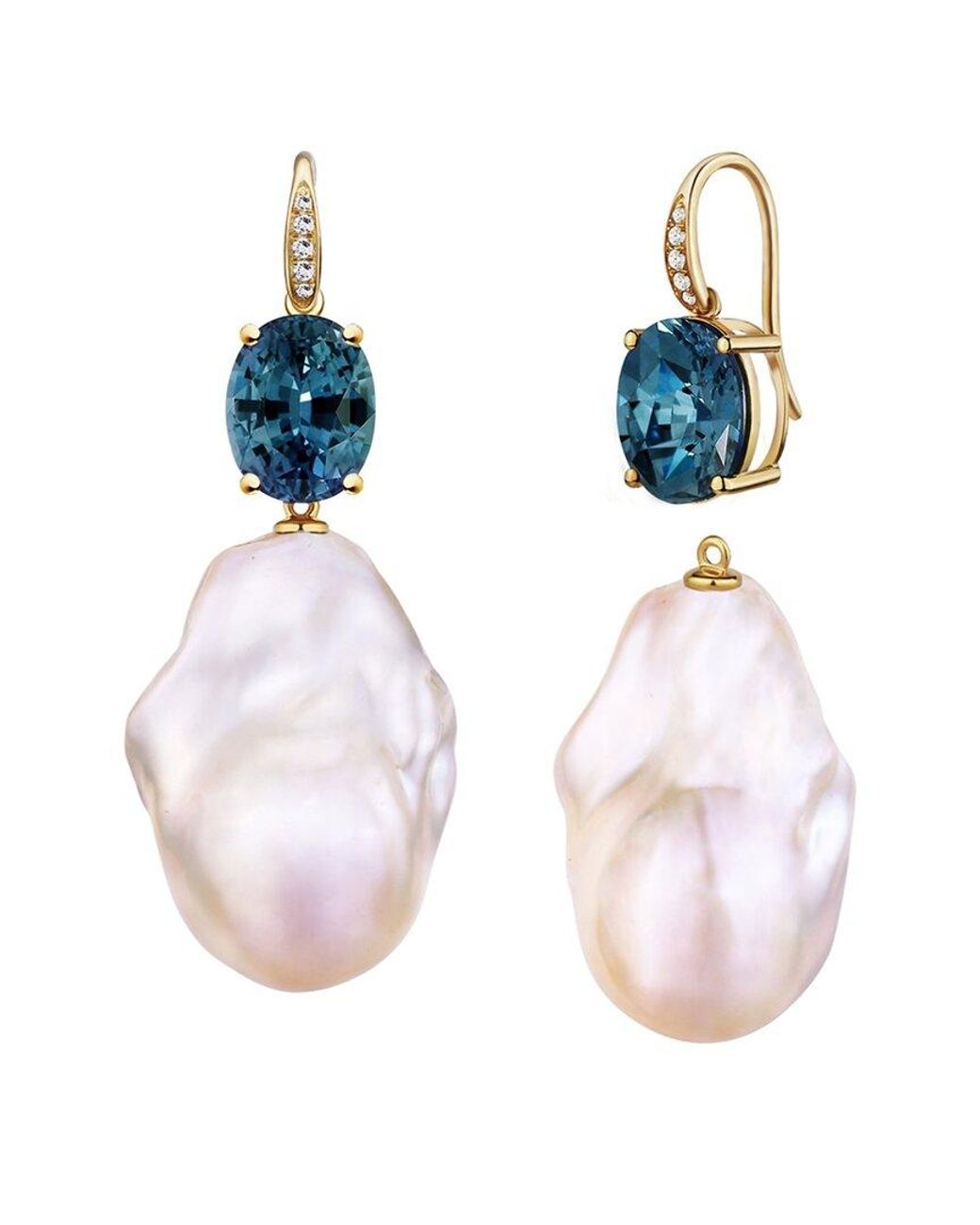 Kai Fine Jewelry Multicolor 14K 6.45 Ct. Tw. Diamond & London Topaz & 16-17Mm Pearl Drop Earrings