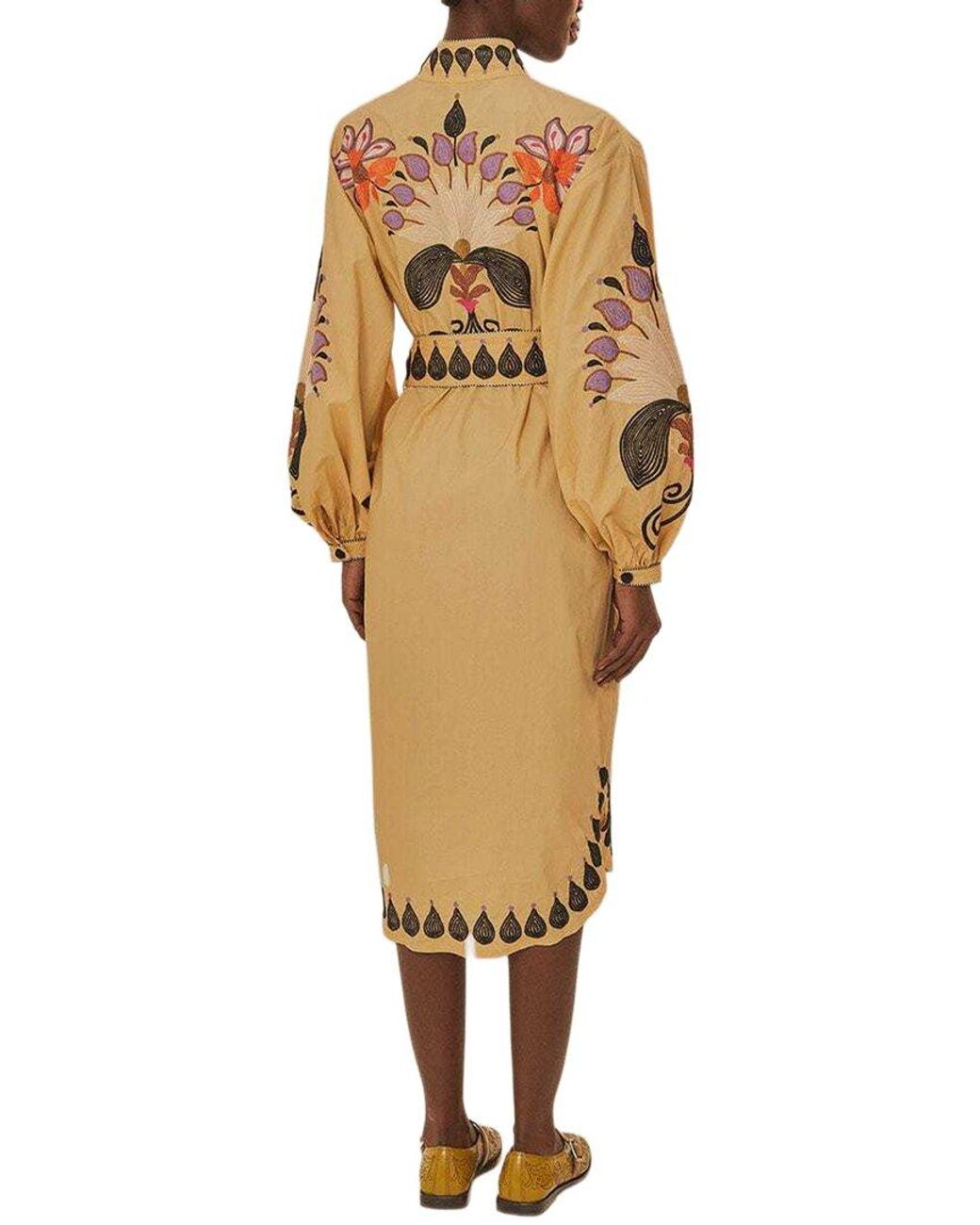 Farm Rio Metallic Flower Bird Embroidered Khaki Midi Dress