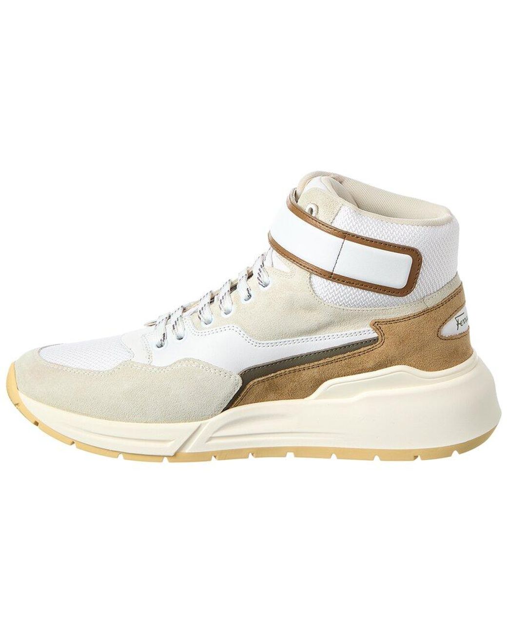 Ferragamo White Cosma Leather & Mesh High-Top Sneaker for men