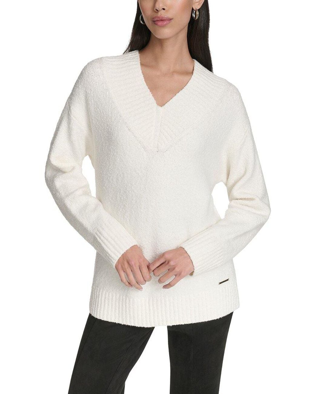 Halston Heritage White V-Neck Boucle Sweater