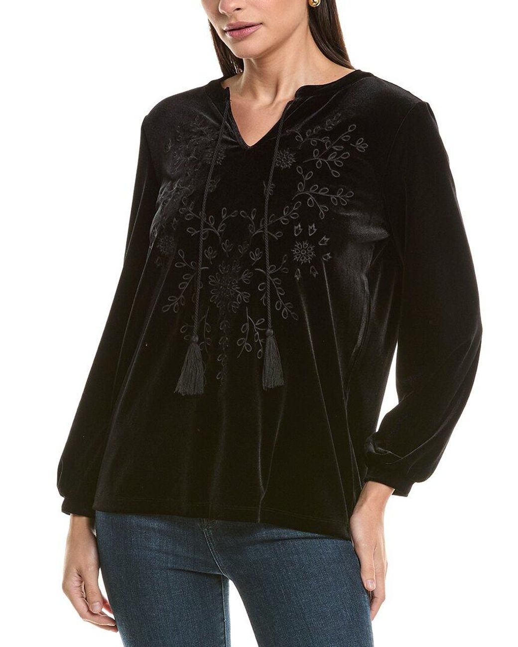 Jones New York Black Embroidered Velvet Top