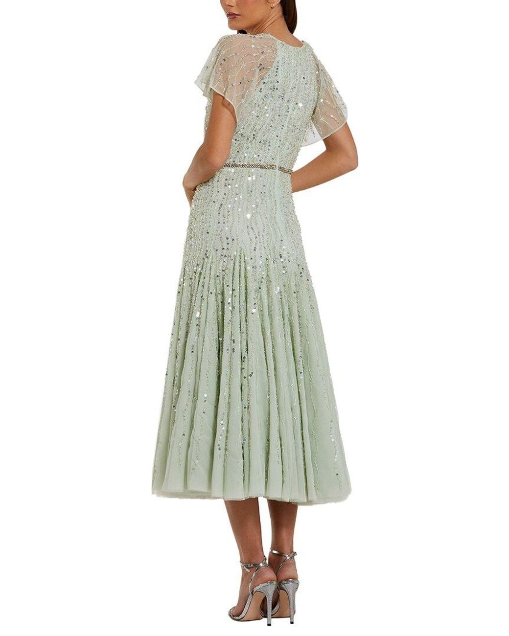 Mac Duggal Green Embellished Bow Flutter Sleeve A-Line Dress