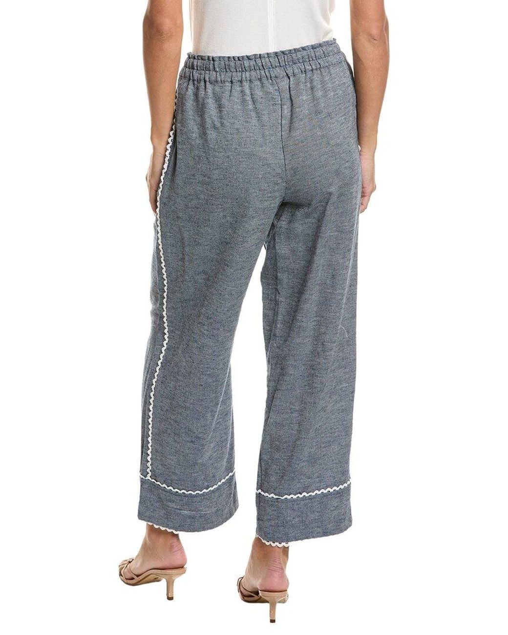 Cece Blue Pull-On Cropped Linen-Blend Pant