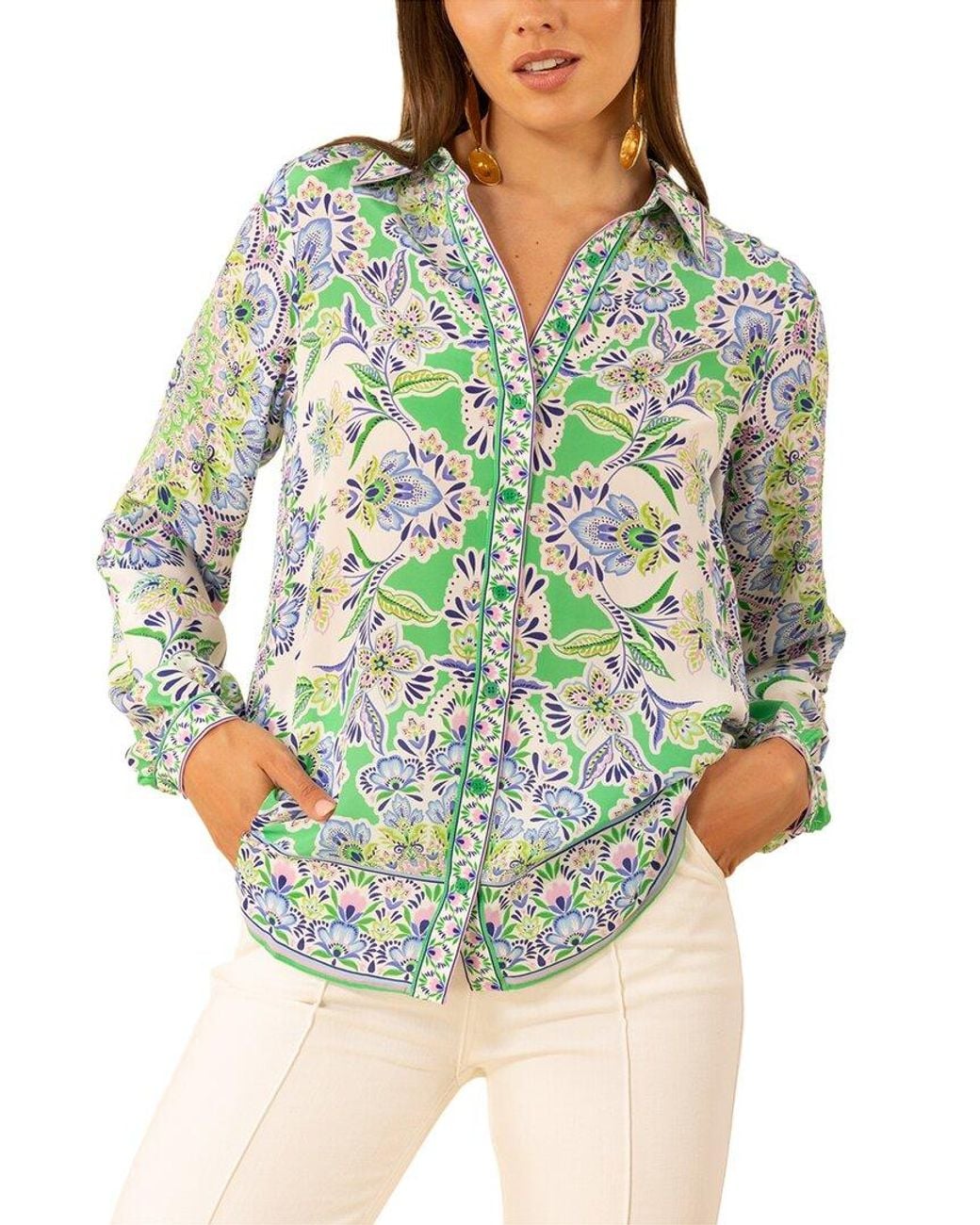 Hale Bob Green Azariah Long Sleeve Silk Top