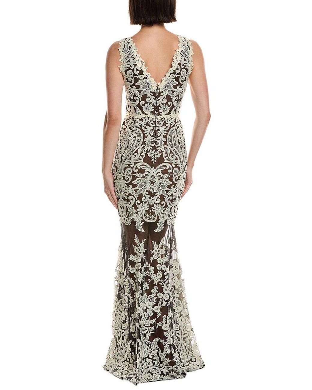 Marchesa Metallic Sleeveless Deep V-Neck Embroidered Gown