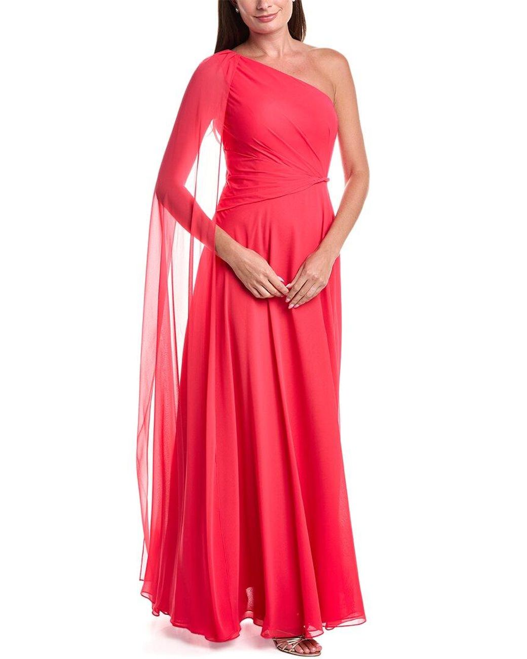Teri Jon Red Chiffon One-Shoulder Drape Gown