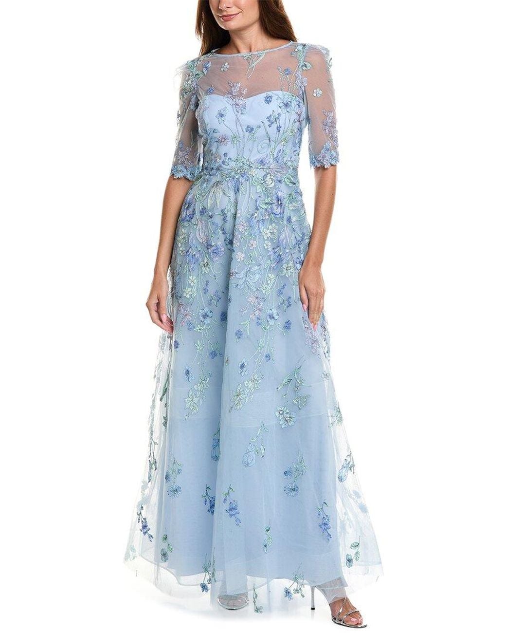 Teri Jon Blue Embroidered Tulle Gown