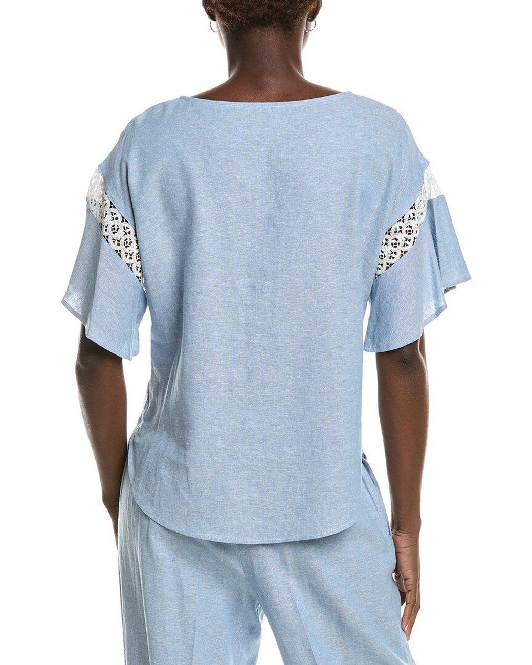 Anne Klein Blue Batteau Neck Linen-Blend Blouse