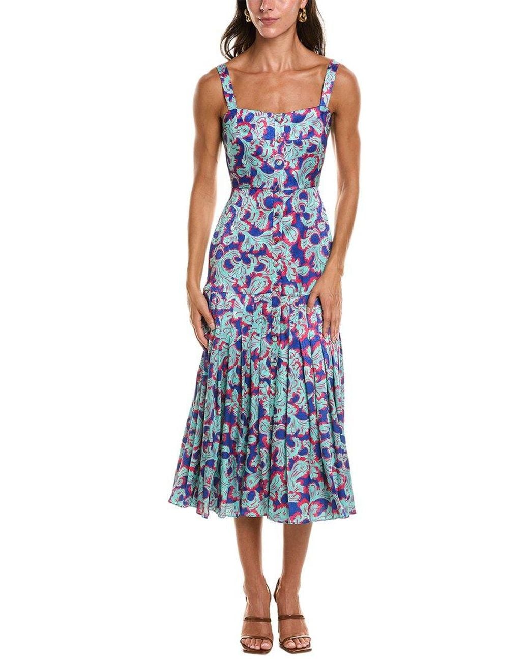Saloni Blue Karen Crackle Stamped Satin Midi Dress