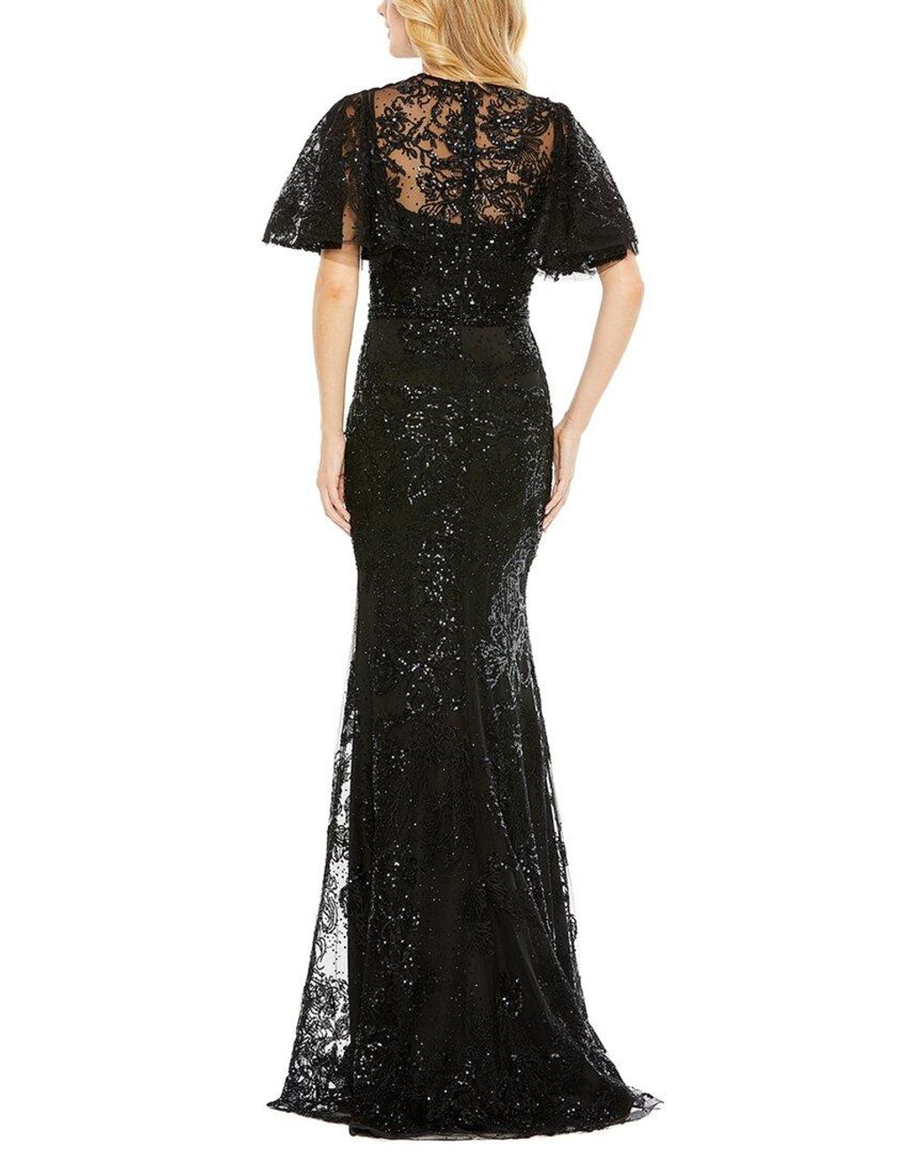 Mac Duggal Black Embellished Flutter Sleeve High Neck Gown