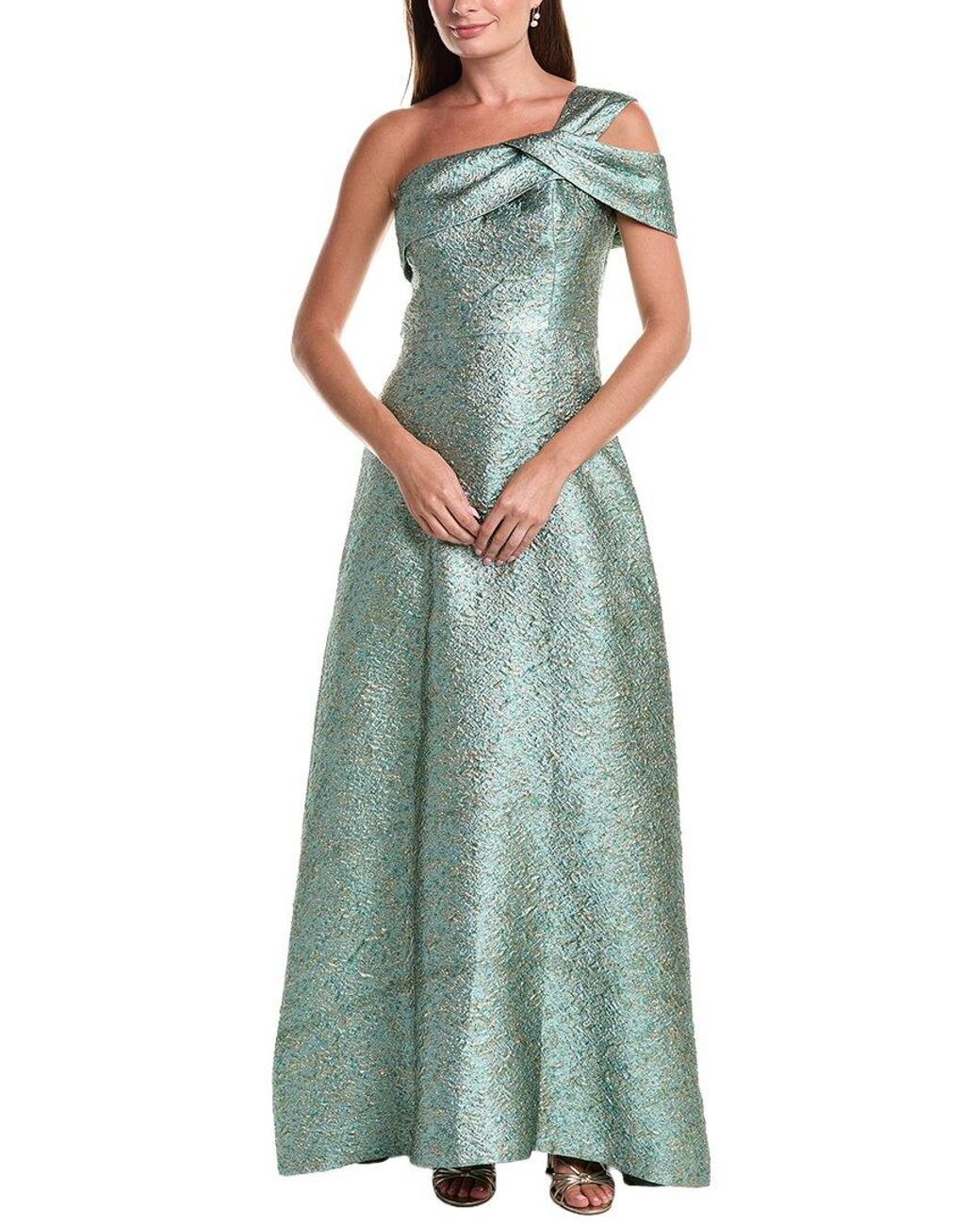 Teri Jon Green Metallic Jacquard Asymmetrical One-Shoulder Gown