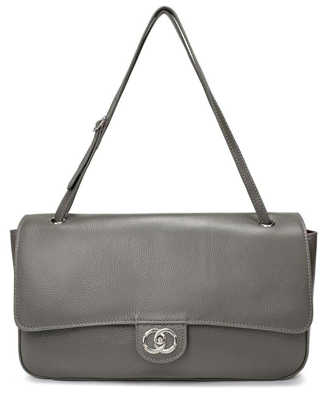 Tiffany & Fred Paris Gray Premium Pebbled Leather Turnlock Shoulder Bag