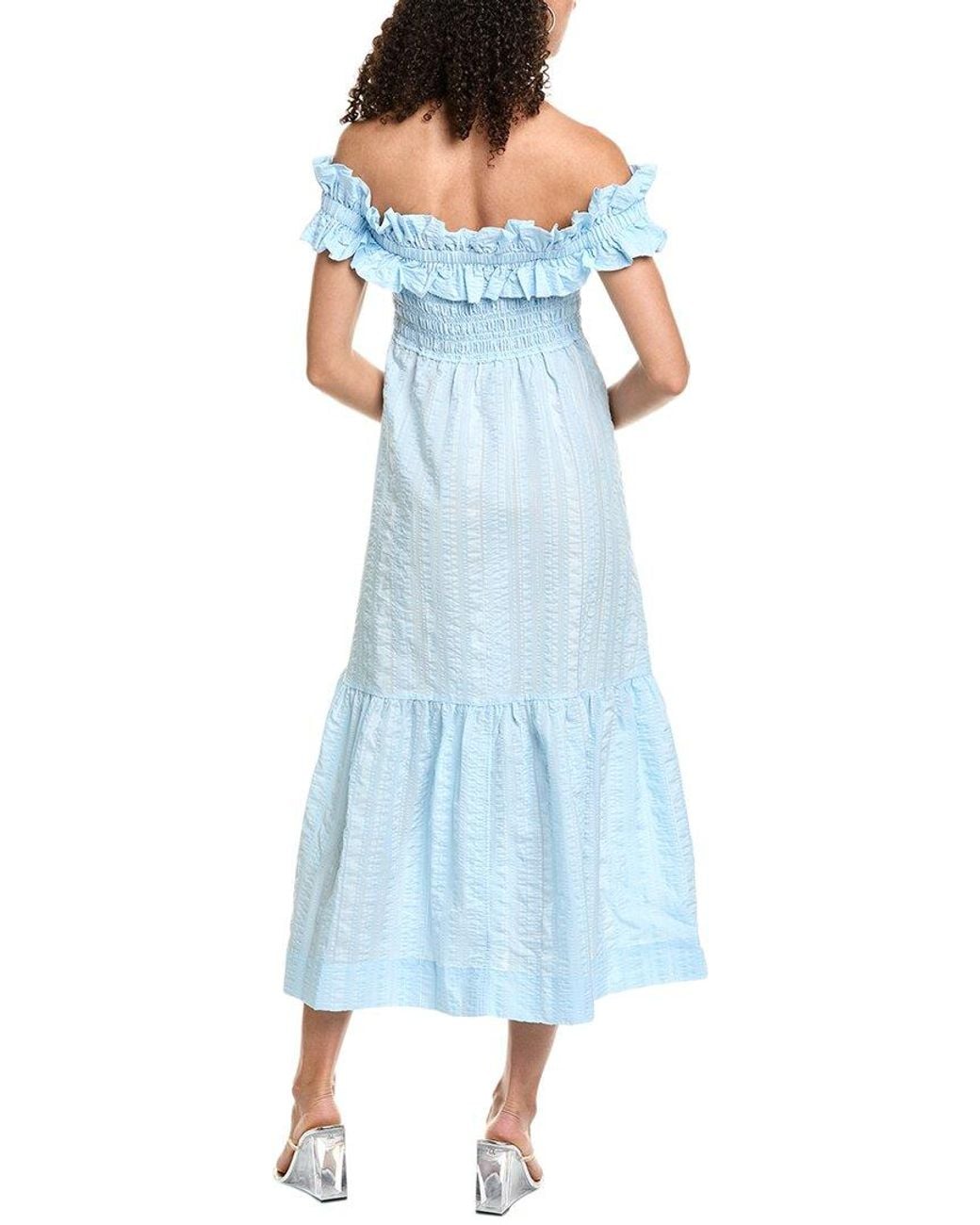 Ganni Blue Seersucker Check Smocked Maxi Dress
