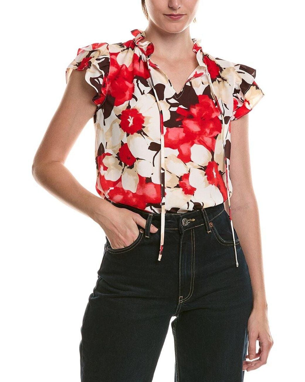 Anne Klein Red Petite Ruffle Sleeve Tie Blouse