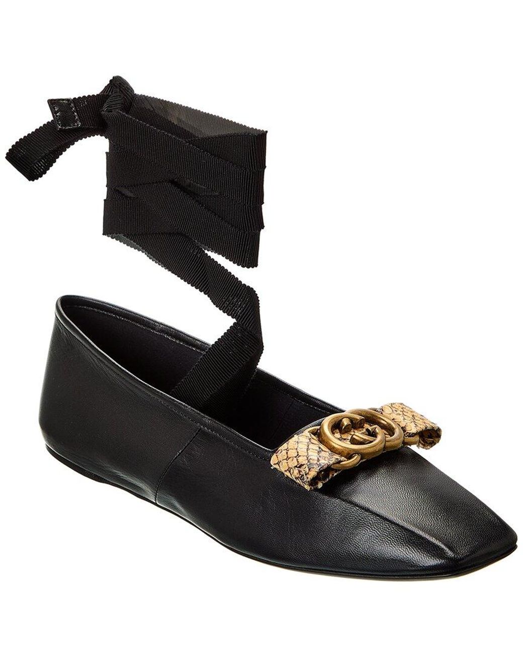 Gucci Black Double G Leather Ballet Flat