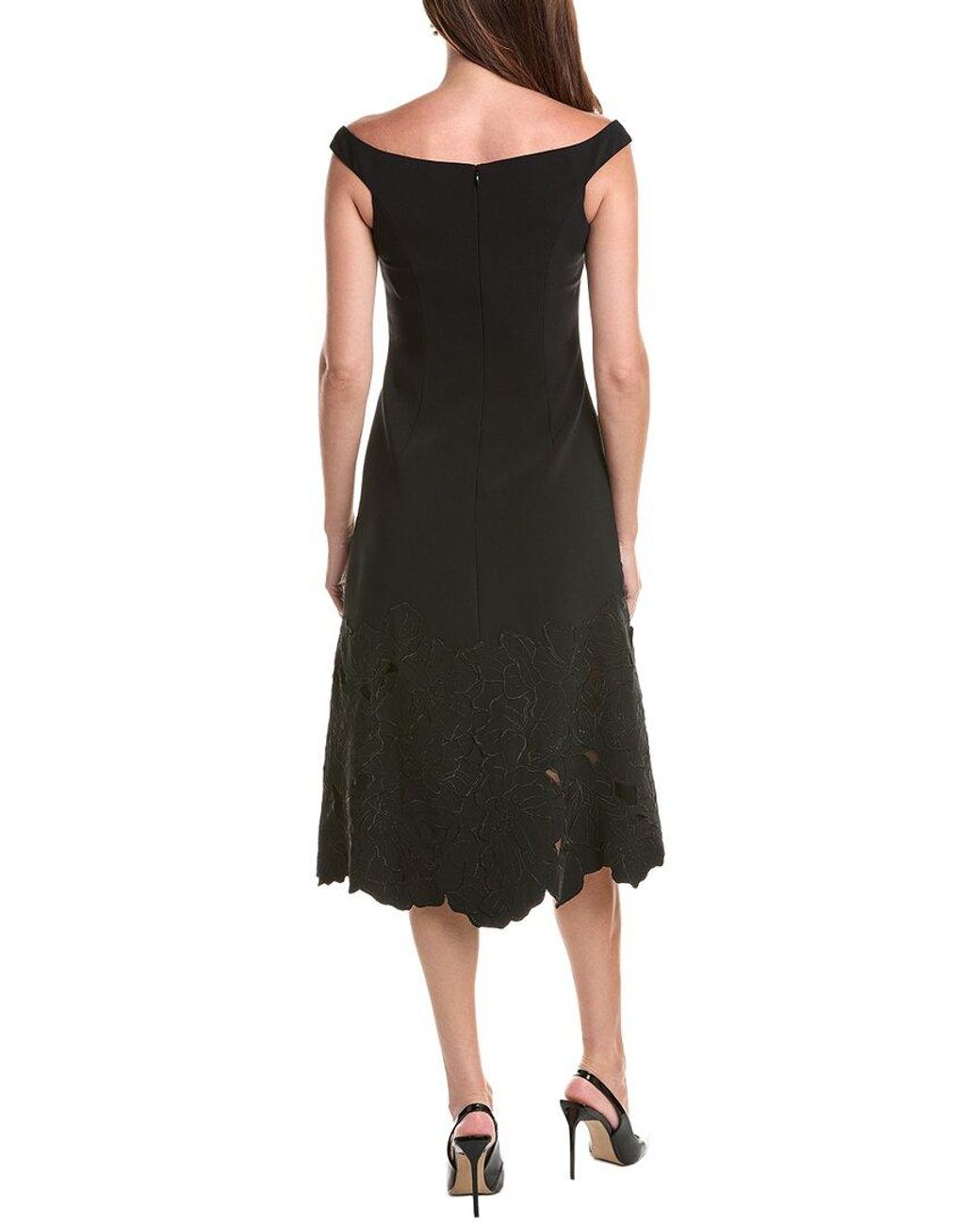 Teri Jon Black Ponte Flower Motif Lazer Cut Trim Midi Dress