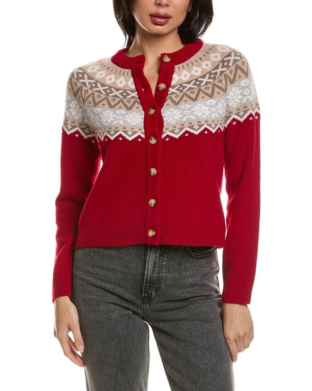 Hannah Rose Merino Wool Fair Isle Cardigan in Red | Lyst