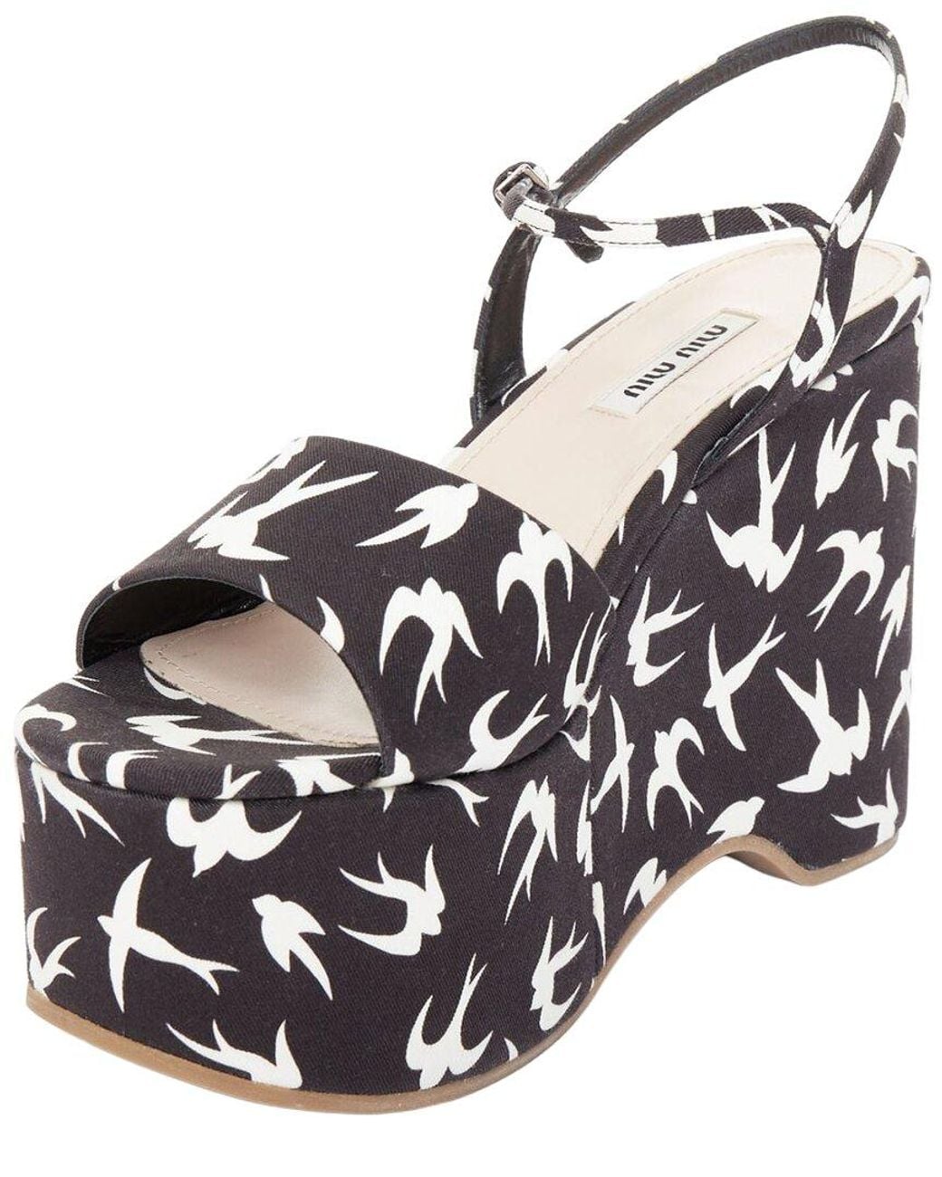 Miu Miu Black Cotton 2010 Swallow Print Wedge Heel (Authentic Pre-Loved)