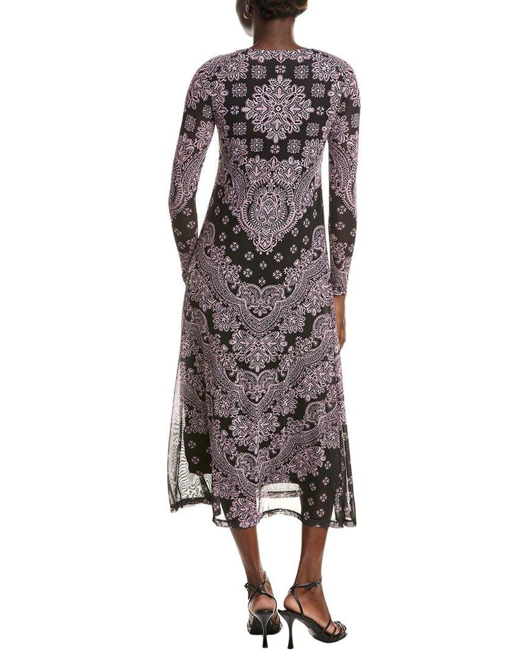 Johnny Was Black Long Sleeve V Neck Mesh Midi Dress