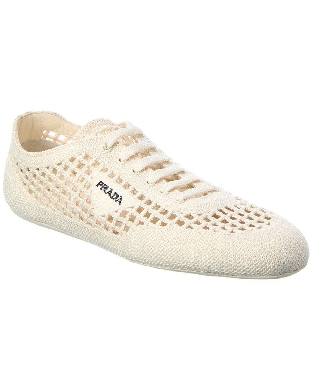 Prada White Logo Collapse Cotton Crochet Sneaker