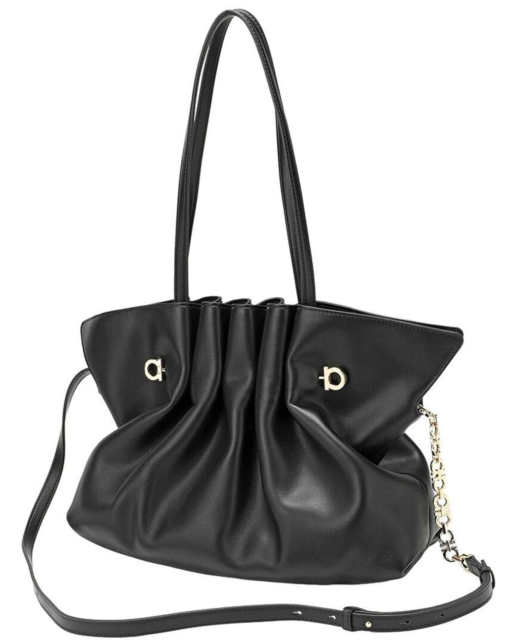 Tiffany & Fred Paris Black Soft Pleated Leather Shoulder Tote
