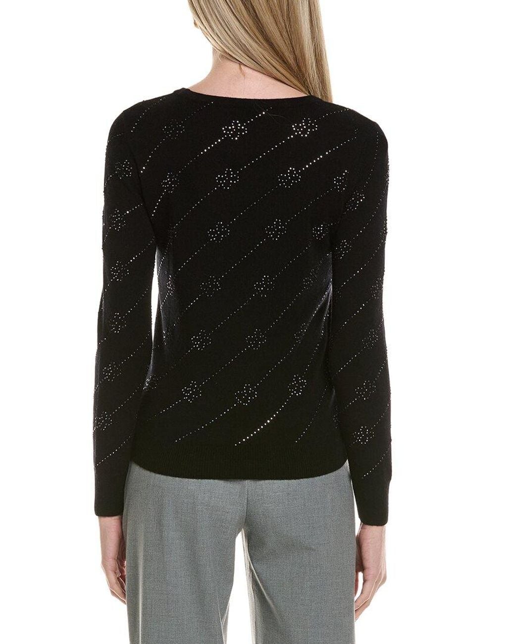 Sofiacashmere Black Heatset Diagonal Floral Wool & Cashmere-Blend Sweater