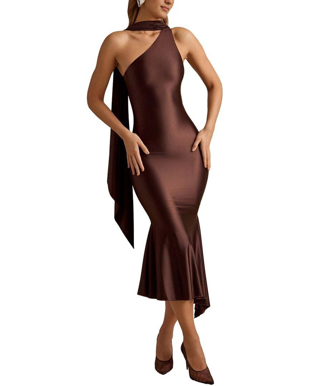LOEY Brown One-Shoulder Midi Dress