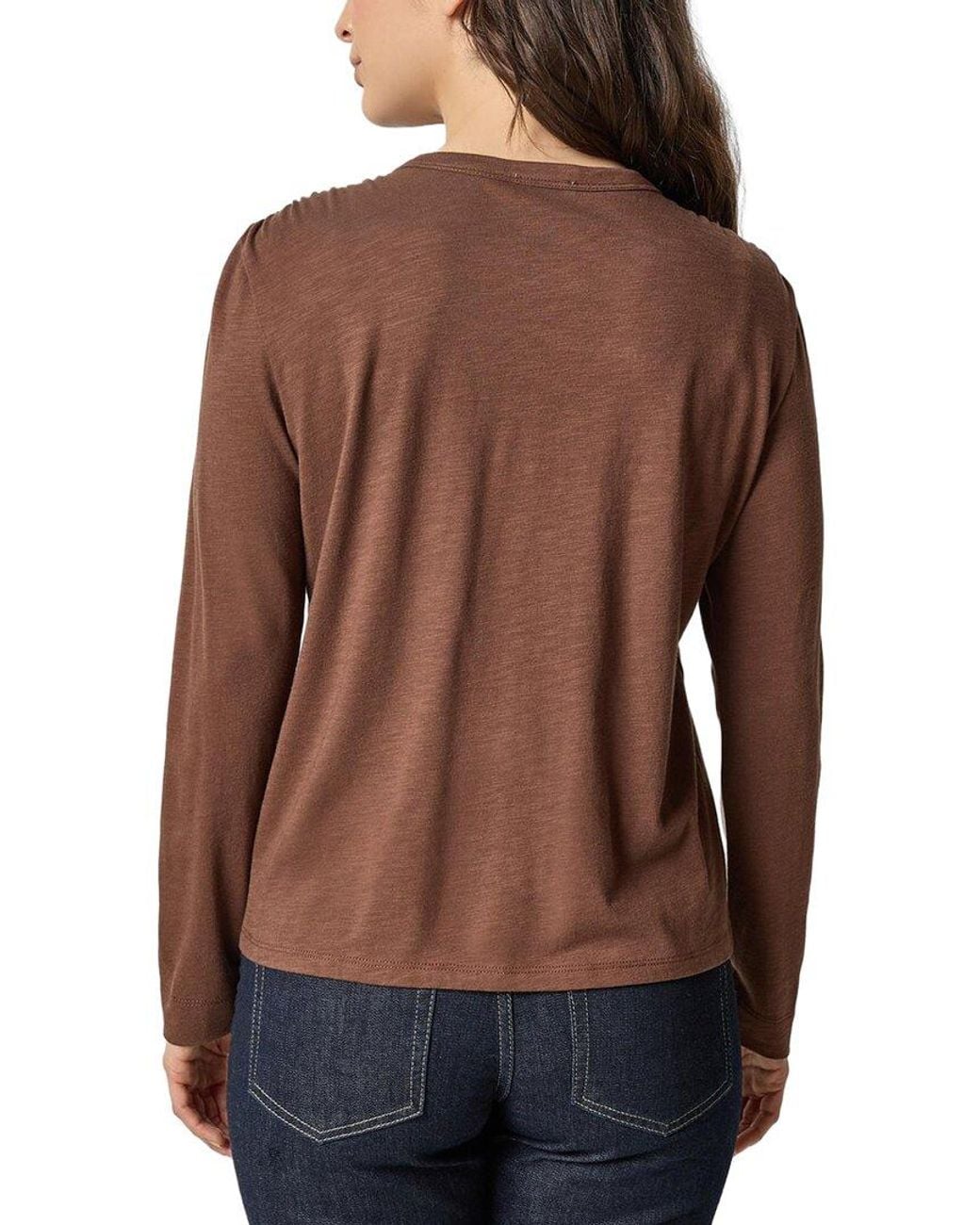 Lilla P Brown Shirred Shoulder Crewneck Top