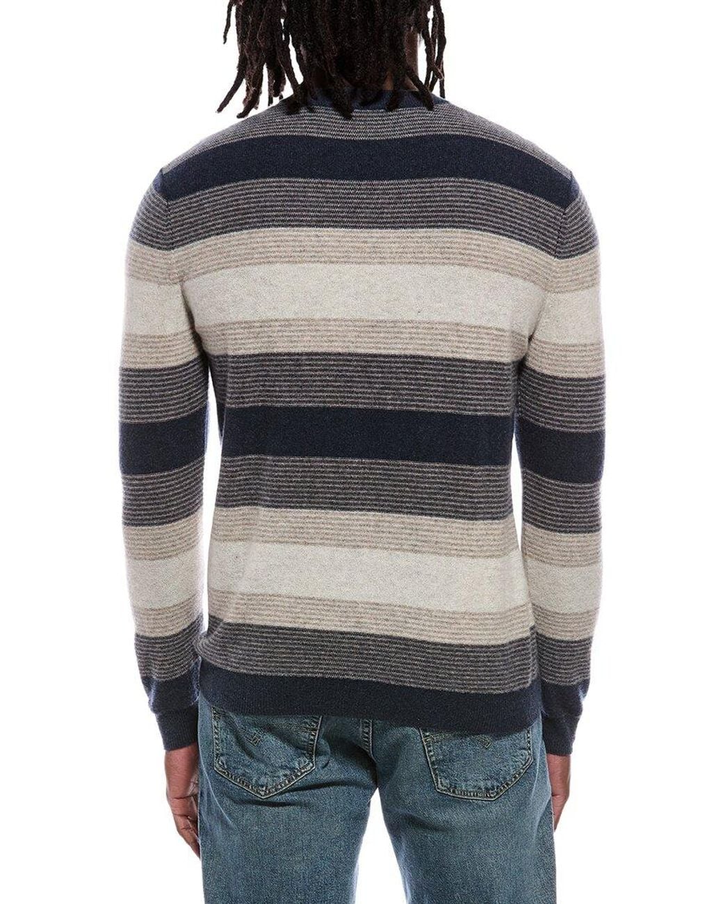 Autumn Cashmere Gray Multi Feeder Stripe 100% Cashmere Crewneck Sweater for men