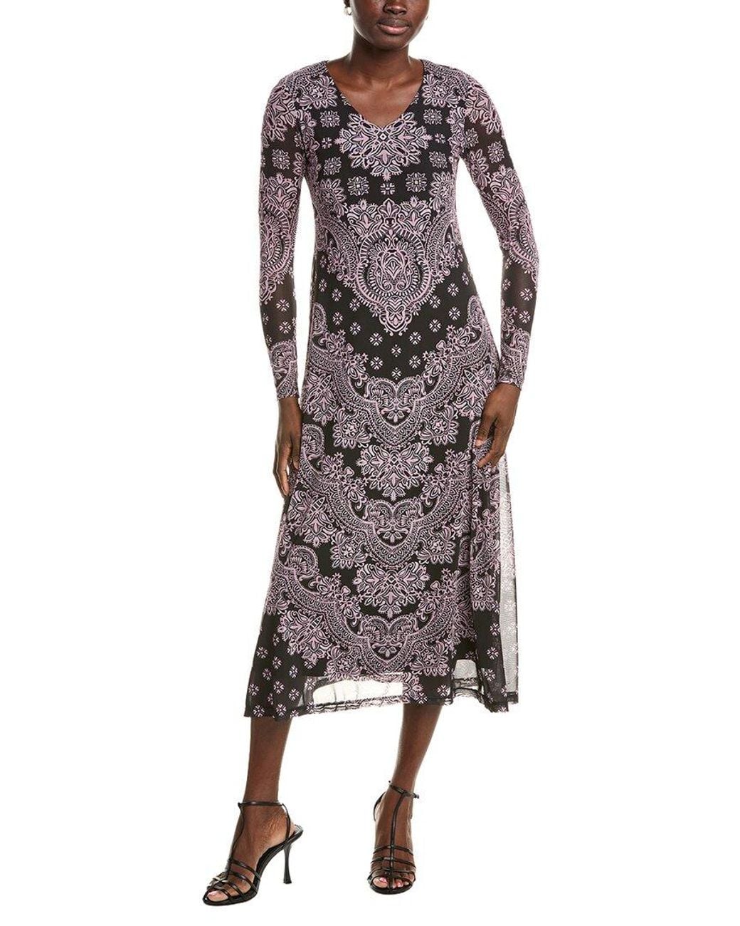 Johnny Was Black Long Sleeve V Neck Mesh Midi Dress