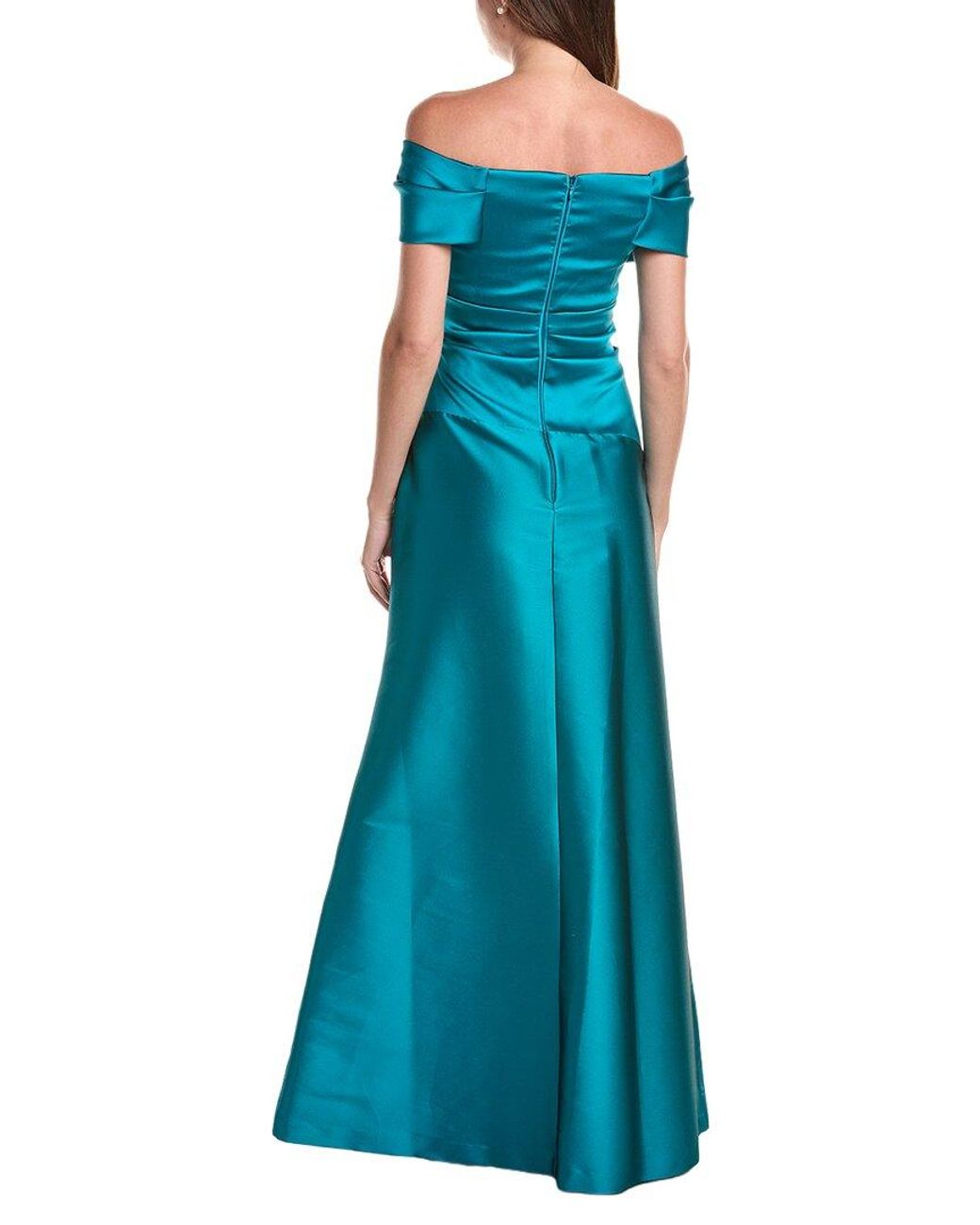 Teri Jon Blue Stretch Mikado Off-Shoulder Ruched Waist Dress