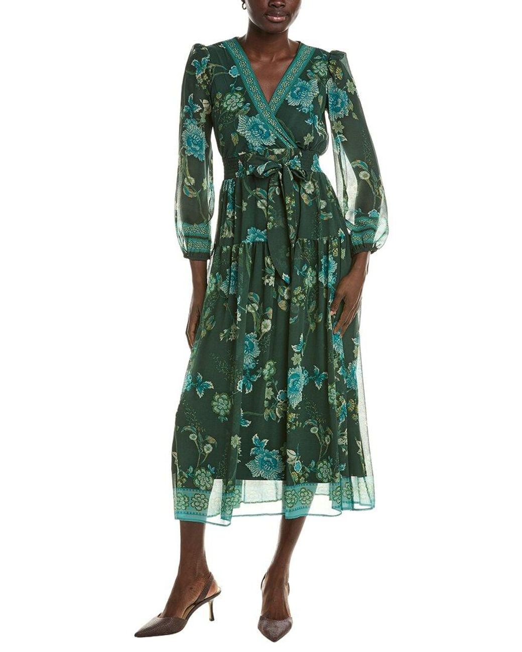 Maison Tara Green Long Sleeve Midi Dress