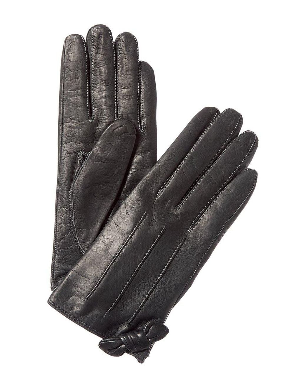 Portolano Gray Knotted Bow Silk-Lined Leather Gloves