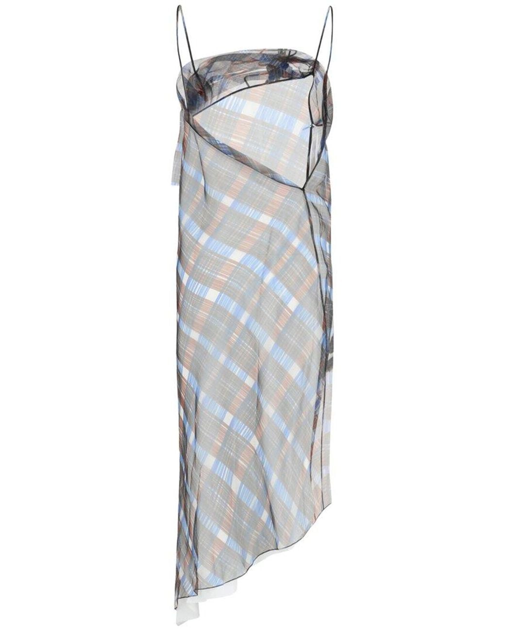 Ferragamo Gray Organza Plaid-Check Midi Dress