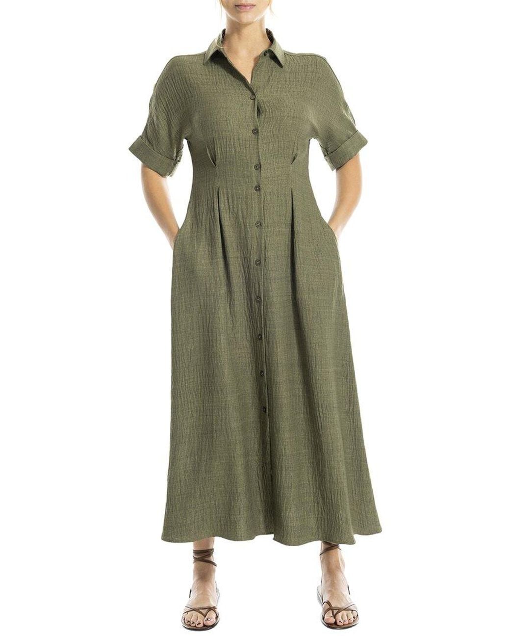 Max Studio Green Large Roll Sleeve Belted Dress