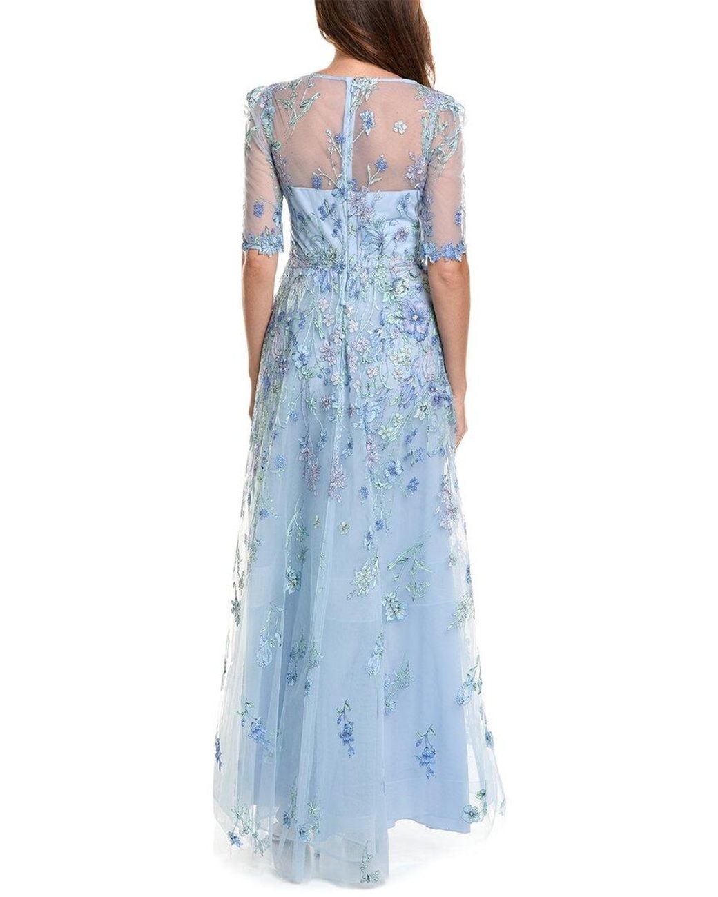 Teri Jon Blue Embroidered Tulle Gown