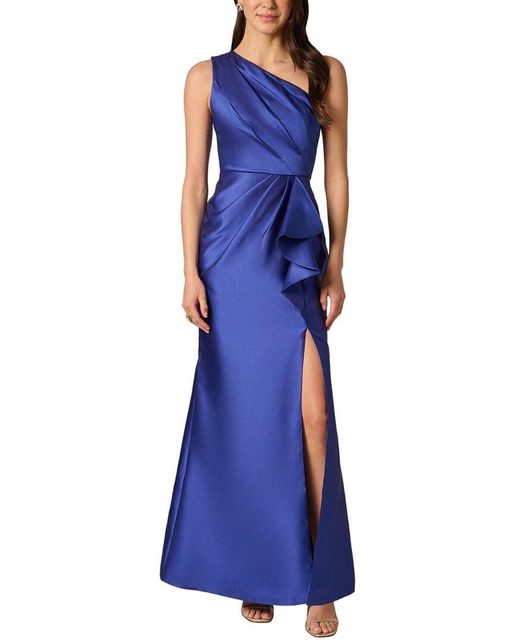 Adrianna Papell Blue One Shoulder Solid Maxi Dress