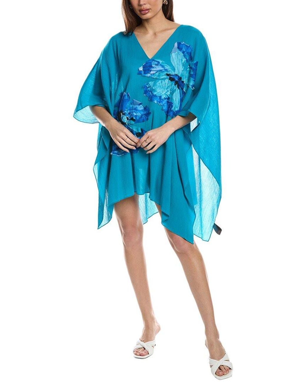 Natori Blue Gauze Caftan With Applique