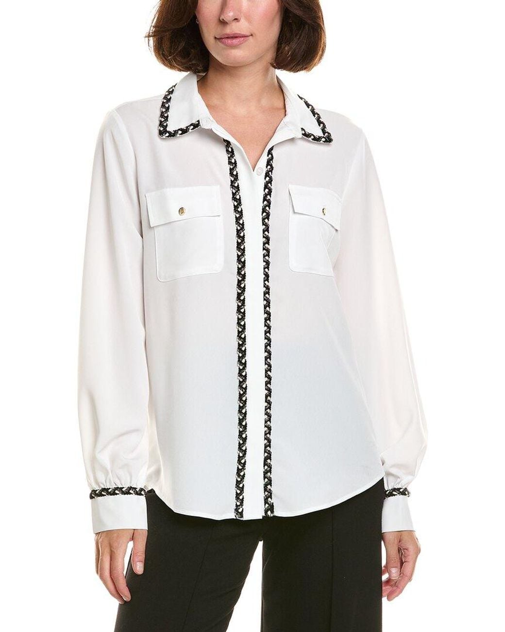 Karl Lagerfeld White Tweed-Trim Button-Down Shirt
