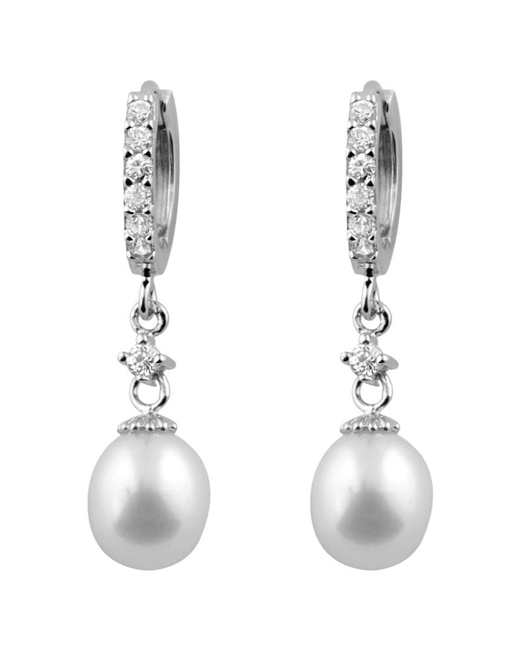 Splendid White Silver 7-7.5mm Freshwater Pearl & Cz Drop Earrings