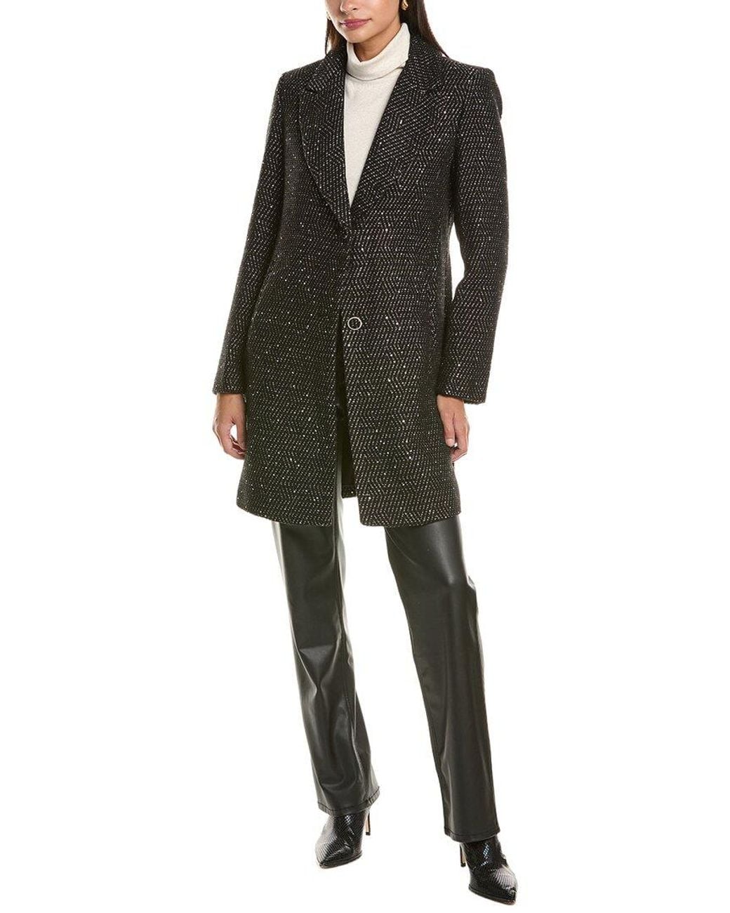 Cece Black Herringbone Wool-Blend Coat